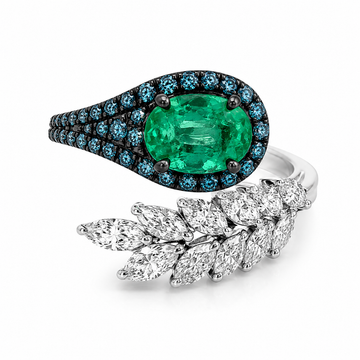 18kt White Gold Emerald & Blue Diamond Twist Halo Ring