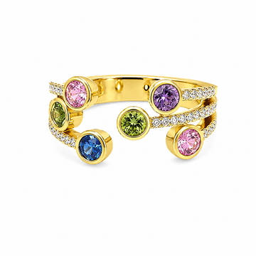 18kt Yellow Gold Three-Bar Open Ring with Multi-Color Sapphires & Diamonds