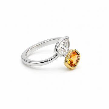 18kt White Gold Crossover Bezel Pear Diamond & Spessartite Garnet Ring