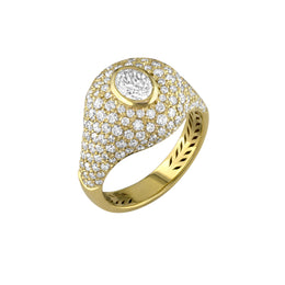18kt Gold Pavé Diamond Signet Ring With Oval Diamond Centre