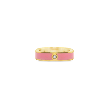 18kt Yellow Gold Flat Top Pink Enamel Single Stone Ring