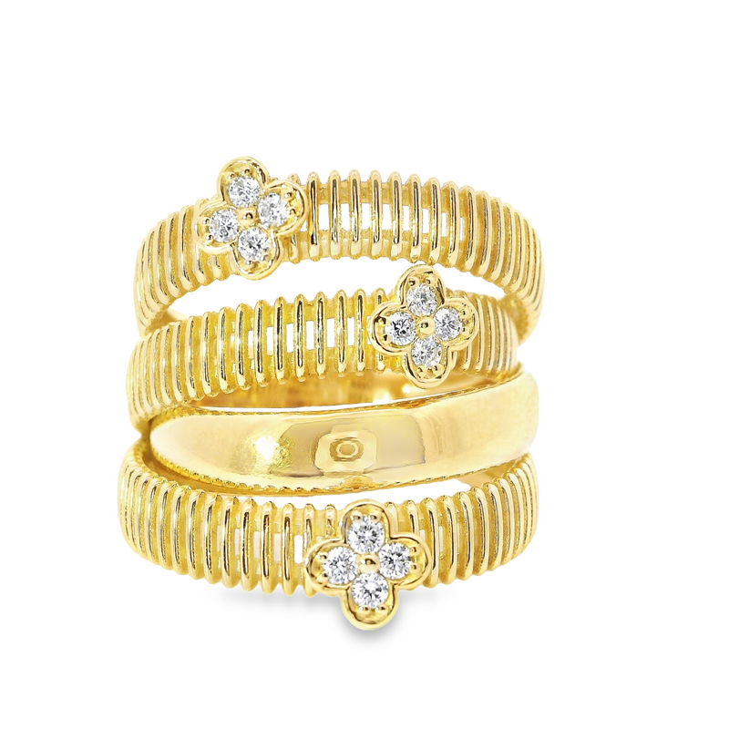 18kt Yellow Gold Braided Bar and Diamond Clover Ring