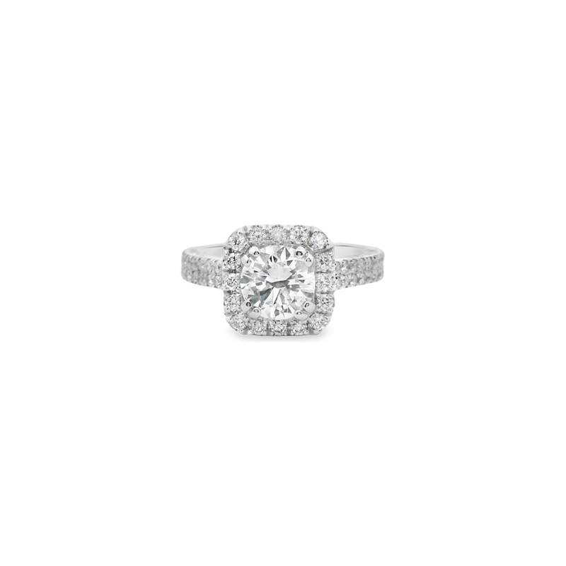 18kt White Gold Round Brilliant Cut with Cushion Halo Engagment Ring