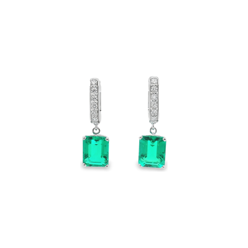 18kt White Gold Oval Diamond Hoop Re-Crystalized Emerald Drop Earrings