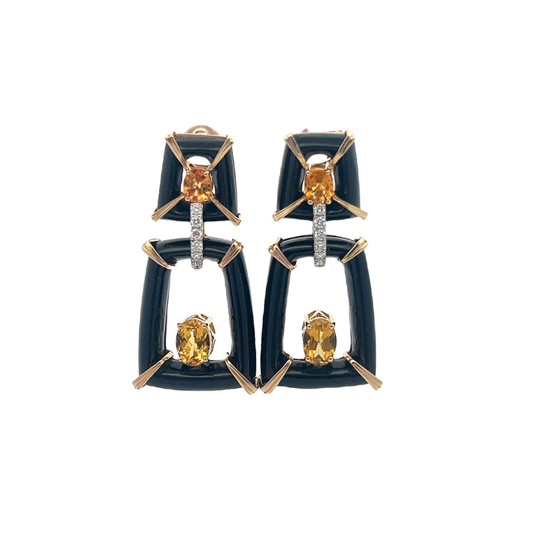 14kt Yellow Gold Frame Onyx Citrine Diamond Drop Earrings