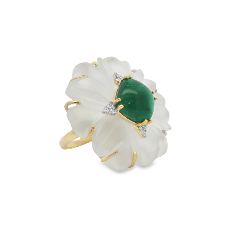 14kt Yellow Gold Emerald Crystal Diamond Flower Ring