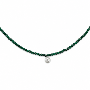 9kt White Gold Malachite Bead Necklace with Pavé Diamond Disc Pendant