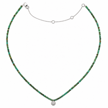 9kt White Gold Turquoise Bead Necklace with Pavé Diamond Disc Pendant