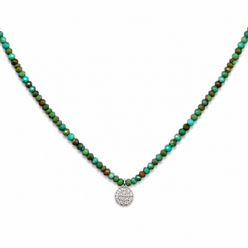 9kt White Gold Turquoise Bead Necklace with Pavé Diamond Disc Pendant
