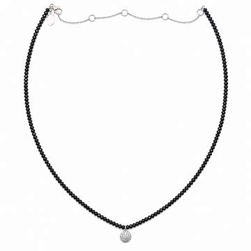 9kt White Gold Black Spinel Bead Necklace with Pavé Diamond Disc Pendant