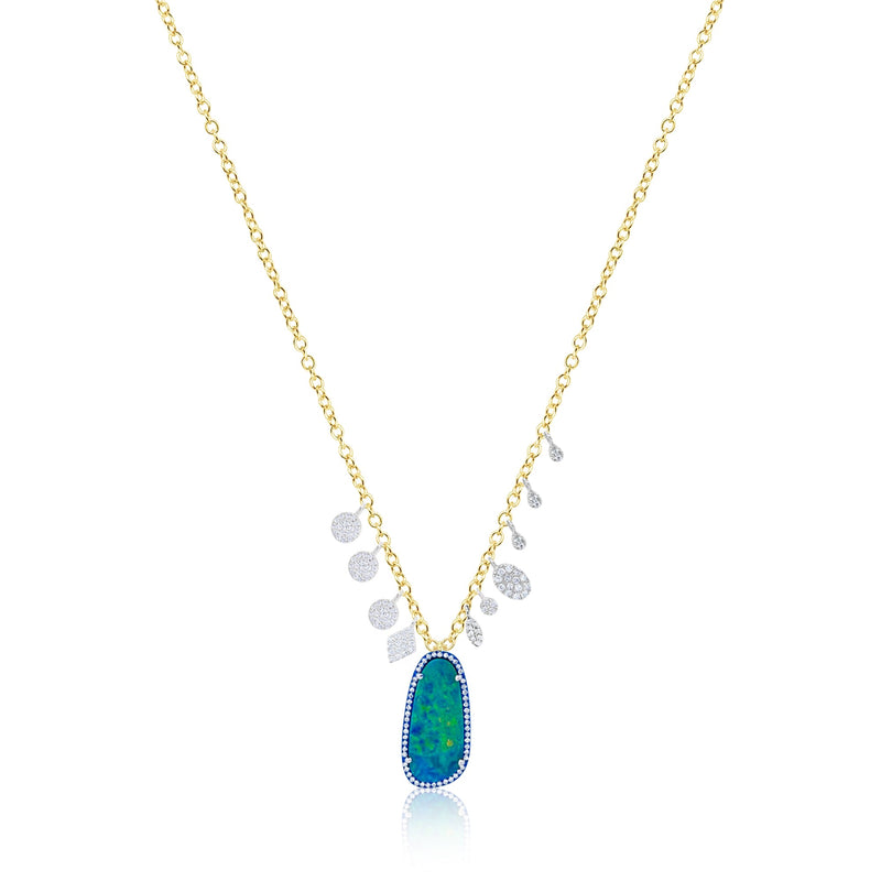 14kt Yellow Gold Opal Pave Diamond Dangle Disc Necklace