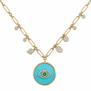 14kt Yellow Gold Diamond Emerald Turquoise Evil Eye
