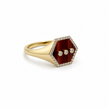 14kt Yellow Gold Tiger Eye & Diamond Hexagon Signet Ring