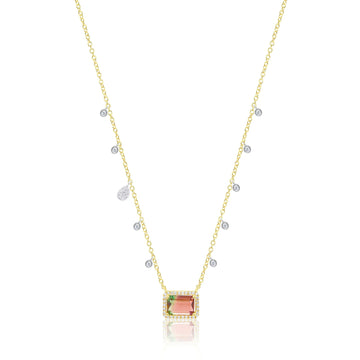 14kt Yellow Gold Watermelon Tourmaline Pave Diamond Dangle Necklace