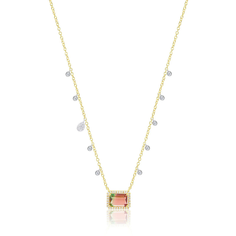 14kt Yellow Gold Watermelon Tourmaline Pave Diamond Dangle Necklace