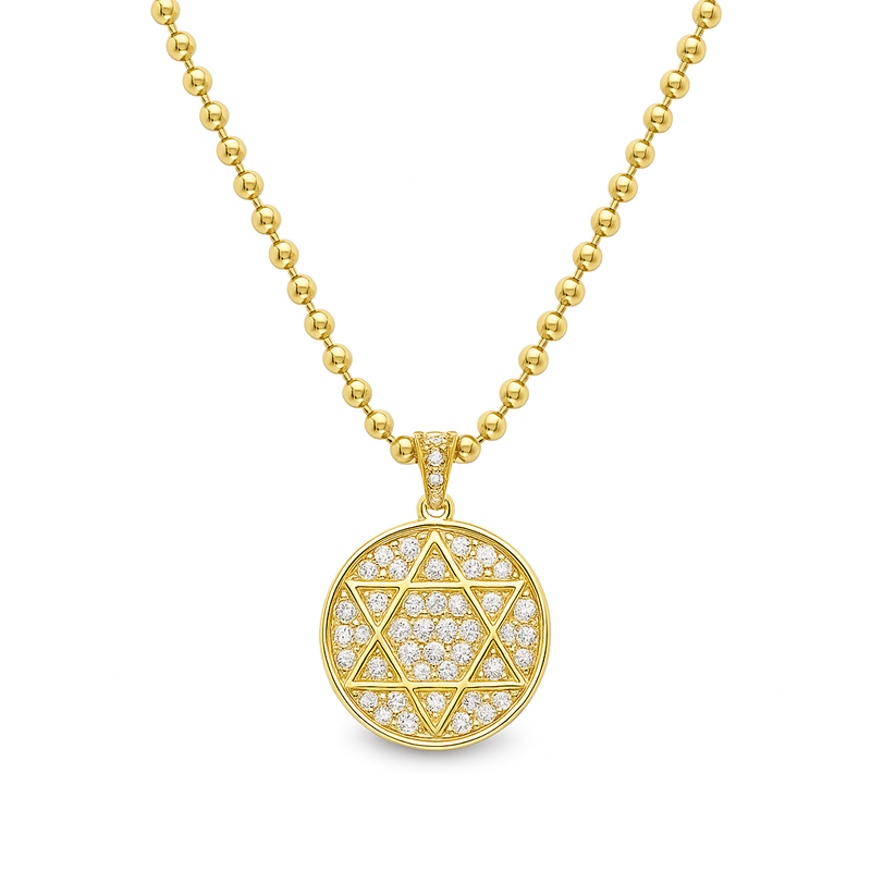 14kt Yellow Gold Round Star of David Dog Tag Necklace
