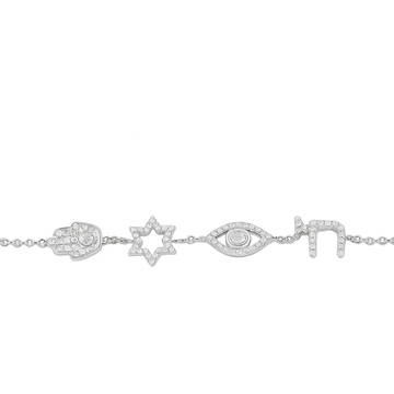 14kt Gold Chai, Hamsa, and Evil Eye diamond Bracelet