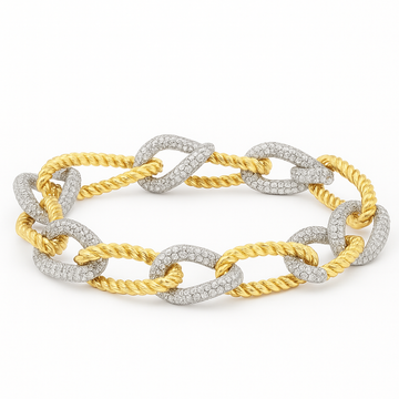 18kt White and Yellow Gold Double Braided Pave Oval Link Bracelet