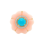 14kt Yellow Gold Pink Opal Floral Turquoise Diamond Ring