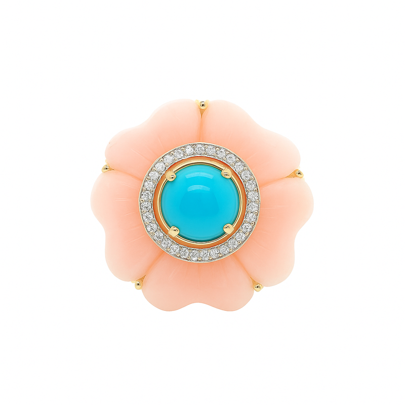 14kt Yellow Gold Pink Opal Floral Turquoise Diamond Ring