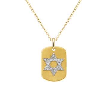 14kt Yellow Gold Mini Black Diamond Star of David Dog Tag Necklace