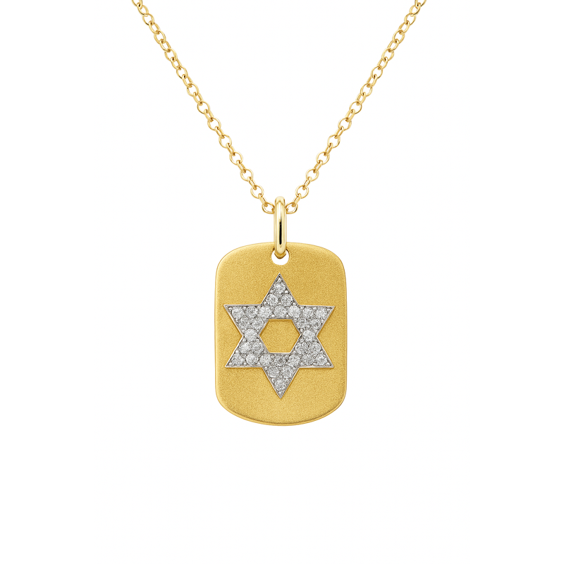 14kt Yellow Gold Mini Black Diamond Star of David Dog Tag Necklace