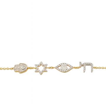 14kt Gold Chai, Hamsa, and Evil Eye diamond Bracelet