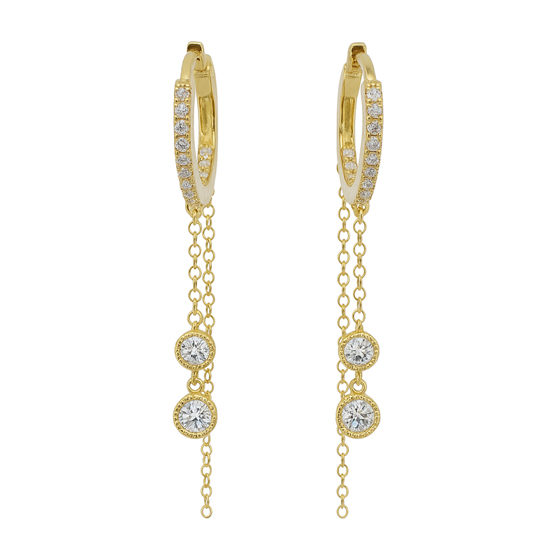 14kt Yellow Gold Diamond Bezel Hoop with Diamond Chain Earrings
