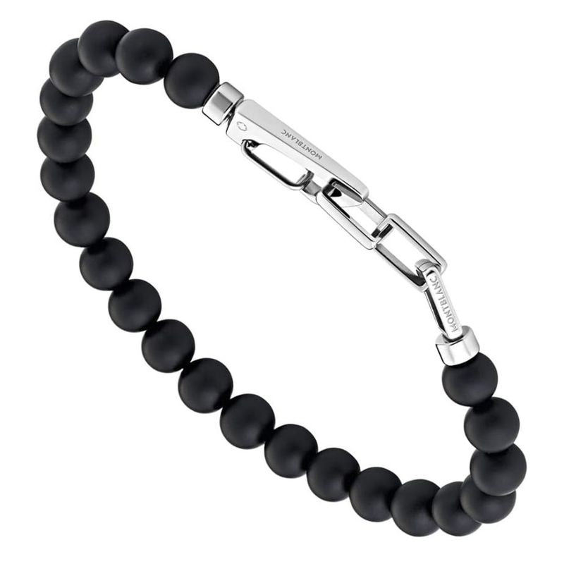 Onyx-bead bracelet with carabiner closure in stainless steel