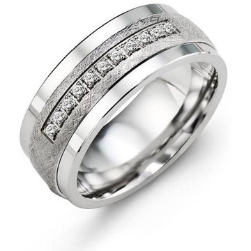 9mm Tungsten 14K White Gold Ring 15 Diamonds tcw 0.15