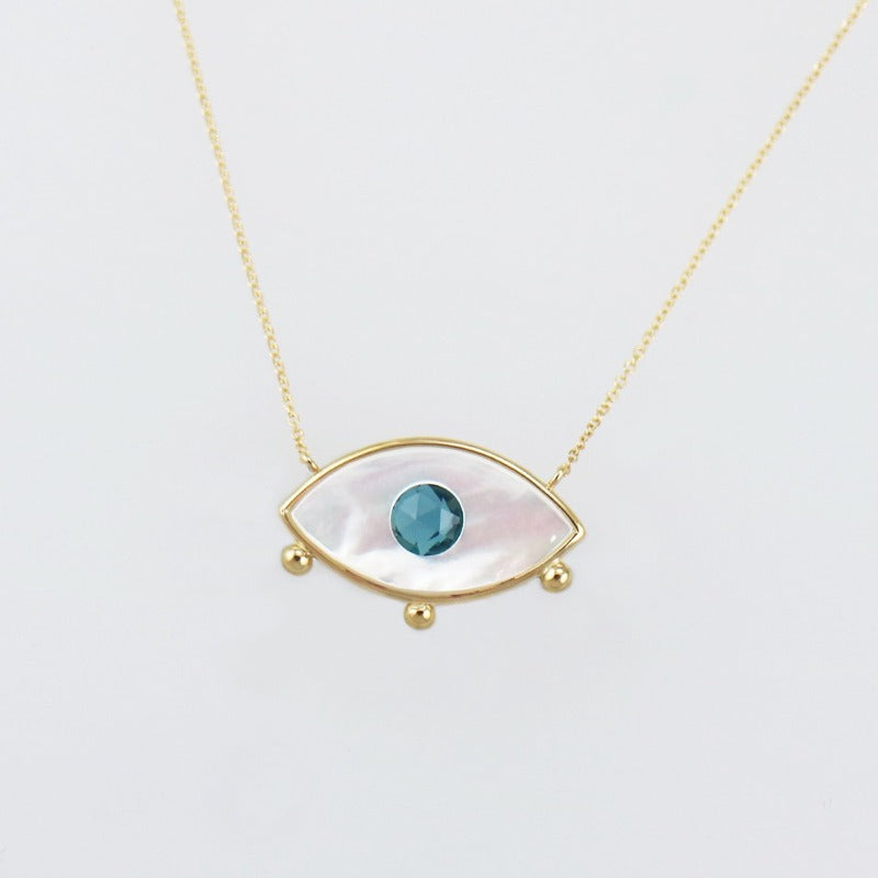 14kt Yellow Gold MOP Blue Topaz Evil Eye Necklace