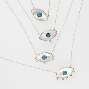 14kt Yellow Gold MOP Blue Topaz Evil Eye Necklace