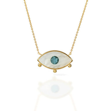 14kt Yellow Gold MOP Blue Topaz Evil Eye Necklace