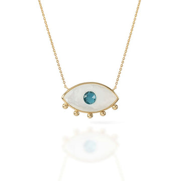 14kt Yellow Gold MOP Blue Topaz Evil Eye Necklace