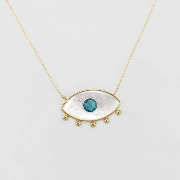 14kt Yellow Gold MOP Blue Topaz Evil Eye Necklace