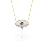 14kt Yellow Gold MOP Blue Topaz Diamond Evil Eye Necklace