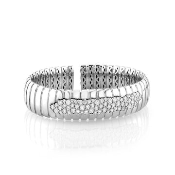 18kt White Gold Ribbed Diamond Cluster Bangle