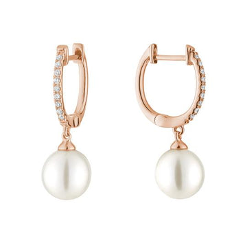 Rose Gold Huggie Pearl Drop Diamond Earrings 0.18ct