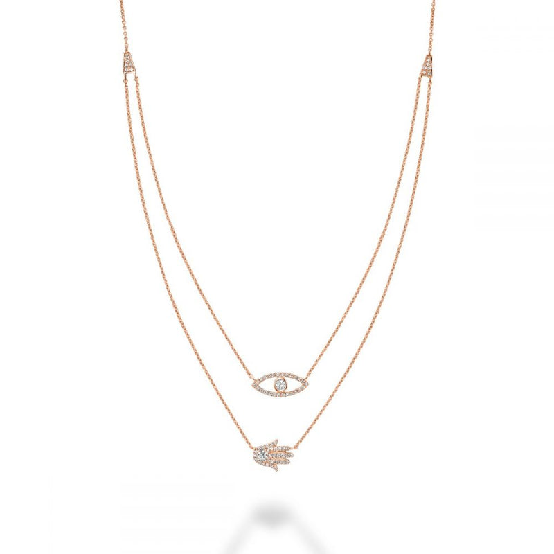 Rose Gold Double Necklace With Diamond Evil Eye & Hamsa Pendant
