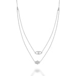 White Gold Double Necklace With Diamond Evil Eye & Hamsa Pendant