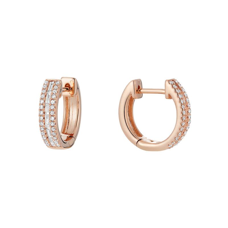 Rose Gold Round & Baguette Diamond Hoop Earrings