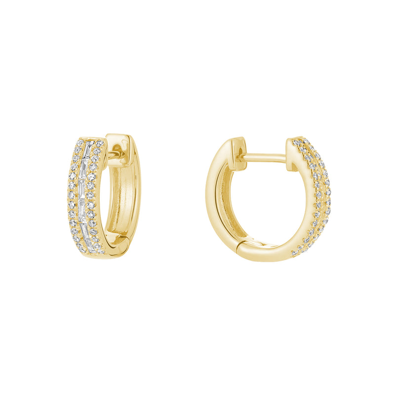 Yellow Gold Round & Baguette Diamond Hoop Earrings