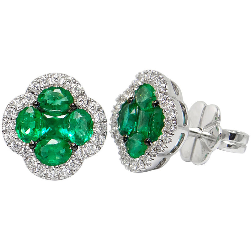 18kt White Gold Floral Diamond and Emerald Earrings