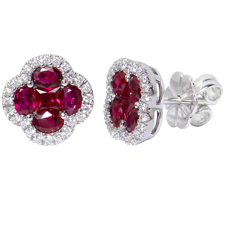 18kt White Gold Floral Diamond and Ruby Earrings