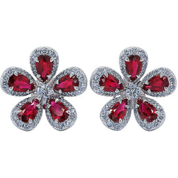 18kt White Gold Flower Pear Ruby and Diamond Earrings