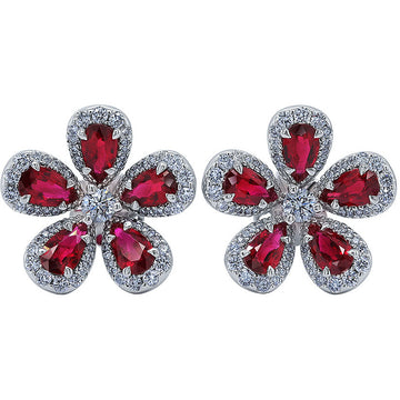 18kt White Gold Flower Pear Ruby and Diamond Earrings
