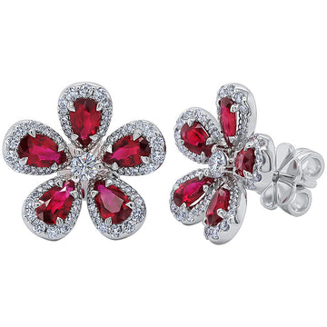 18kt White Gold Flower Pear Ruby and Diamond Earrings