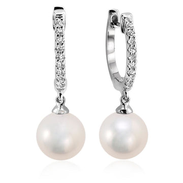 Rose Gold Huggie Pearl Drop Diamond Earrings 0.18ct