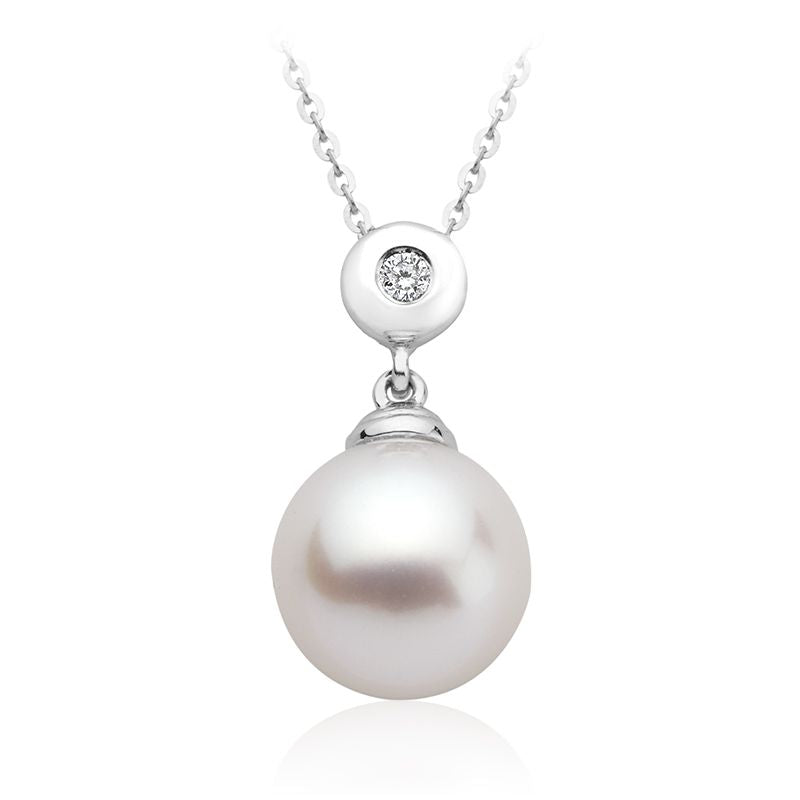 14kt White Gold Pearl and Diamond Bezel Necklace