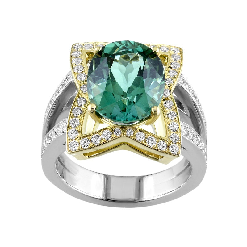 18kt Yellow and White Gold Green Tourmaline Diamond Ring